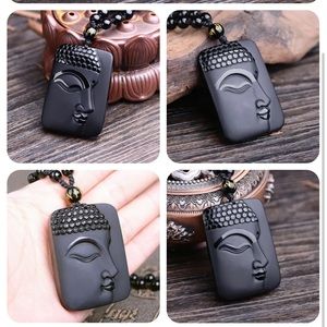 Natural black obsidian sakyamuni buddha necklace Amulet pendant bead with chain